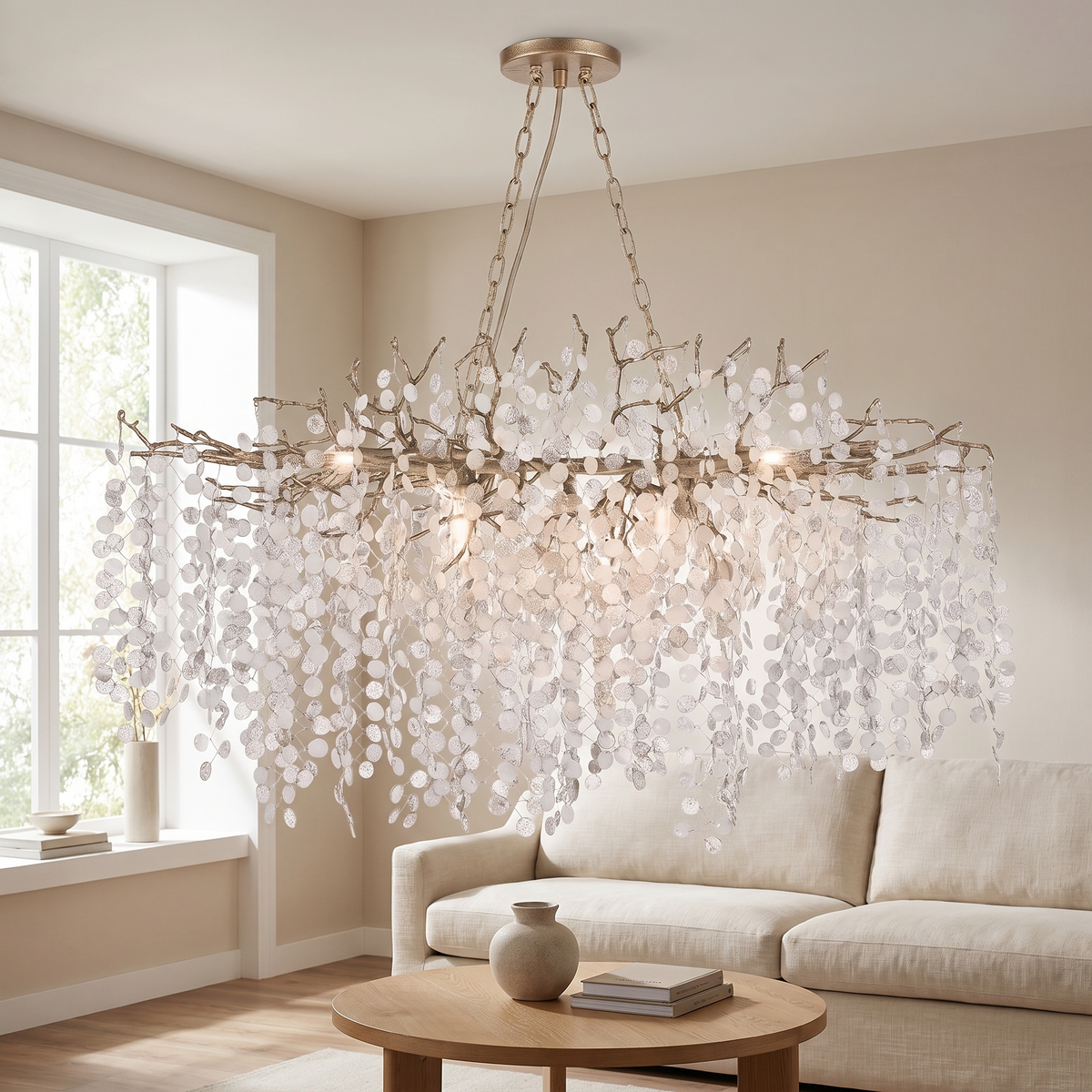 Glissonne Crystal Cascade Chandelier: large round horizontal chandelier: a brass ring of twisted branches with dense cascades of clear crystal leaf strands hanging down, suspended by brass chains, shown in a living room