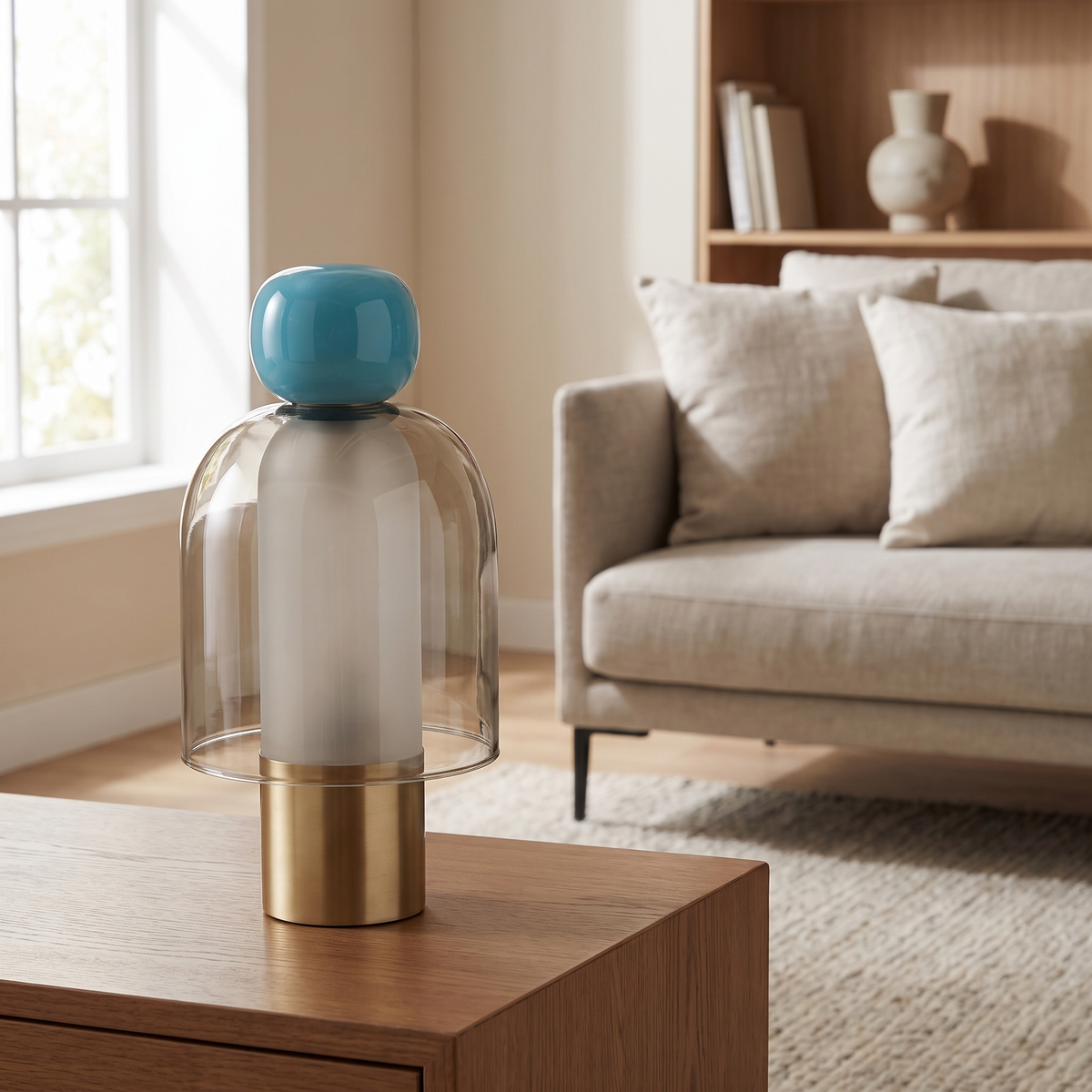 Pomrina Rechargeable Glass Table Lamp: small rechargeable table lamp: a brushed brass cylindrical base, a smoky clear glass bell-shaped dome, and 1 glossy turquoise-blue glass knob on top, shown in a living room