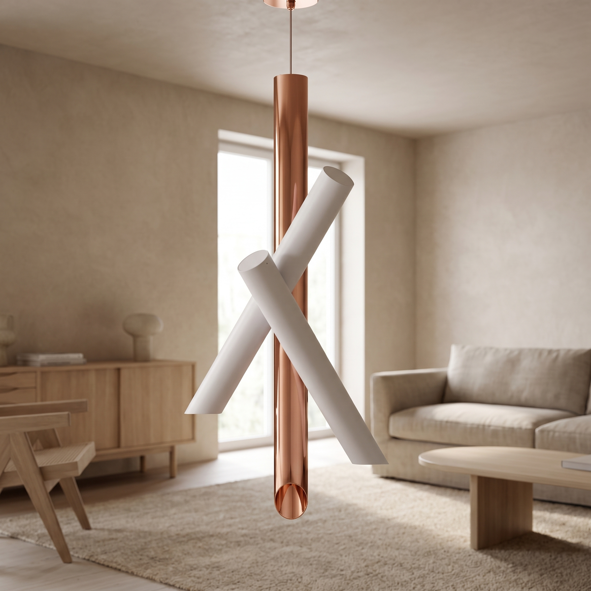 Axonne Aluminum Tube Pendant Light: pendant made of a vertical polished rose-gold copper tube crossed by 3 matte white tubes at different angles, hanging from a thin cord, shown in a living room