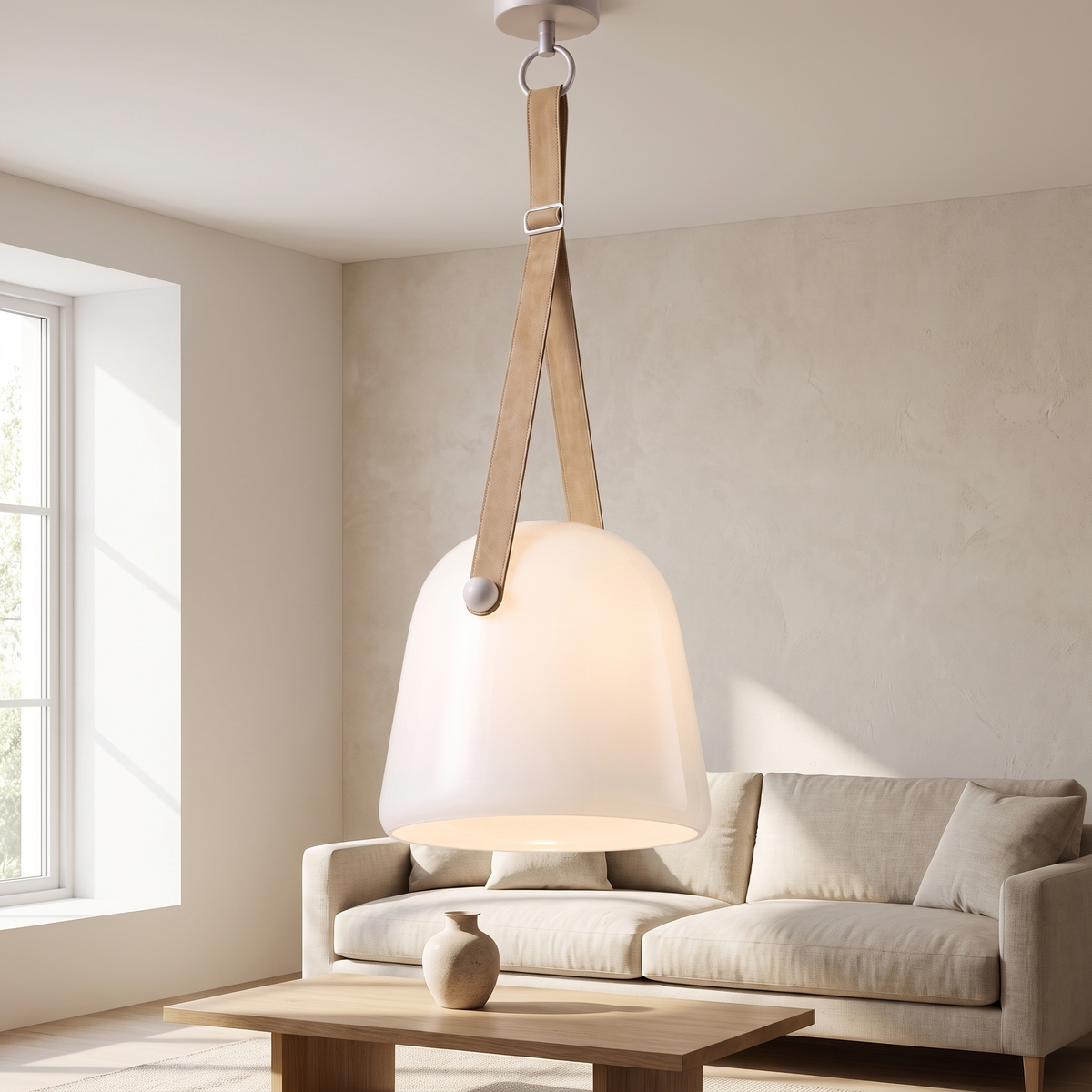 Sellane Leather Strap Glass Pendant Light: single white frosted glass bell shade held by a tan leather strap looped over its top, hanging from the ceiling, shown in a living room