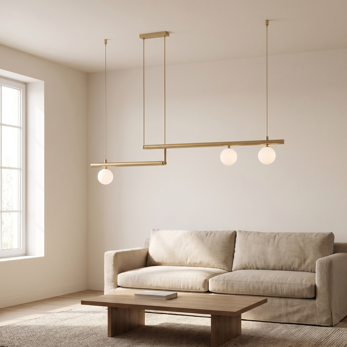 Swivane Articulating Globe Pendant Light: linear pendant of brushed gold horizontal bars arranged in stepped offset levels, hung by thin gold wires, with 3 small opal white glass globes, shown in a living room