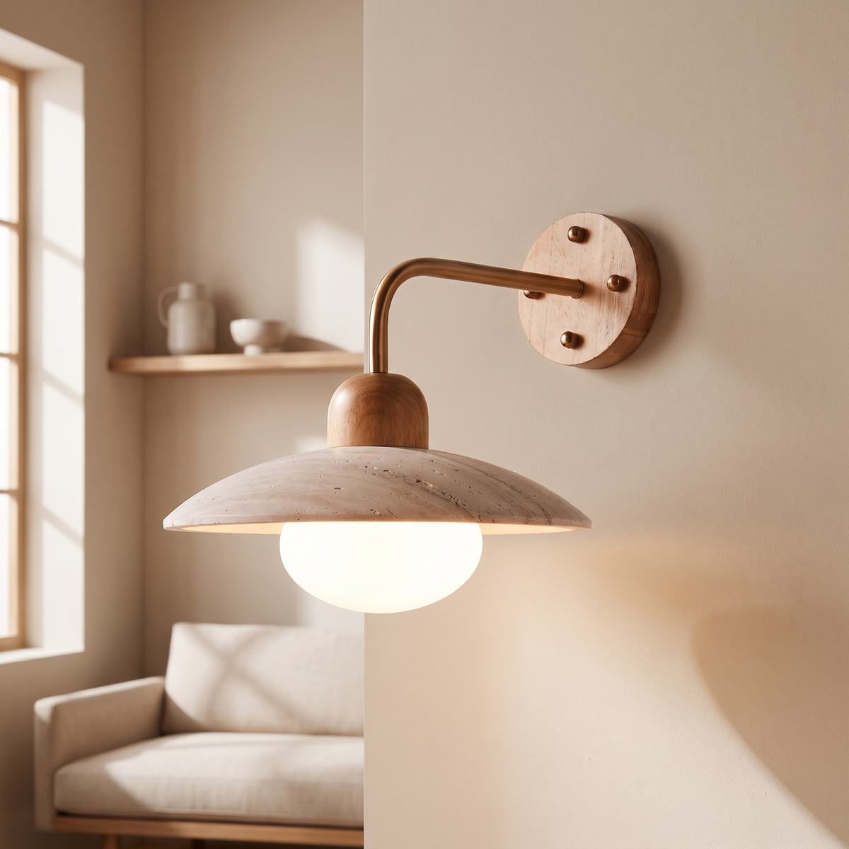 Travessine Travertine Dome Wall Light: wall light with a round light-wood wall plate, a curved brass arm, a small wood knob, and 1 wide flat beige travertine dome shade with a glowing globe beneath, shown in a living room