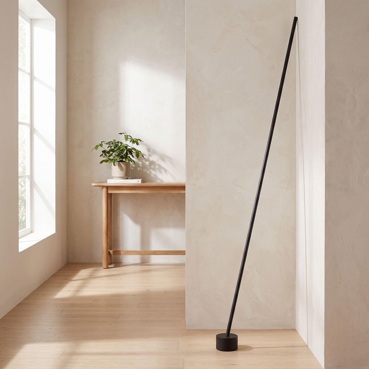 Tensara Elastic Strip Floor Lamp: minimalist floor lamp made of 1 thin straight matte black rod leaning diagonally, its lower end in a small black cylinder floor weight and its top end resting against the wall, shown in an entryway