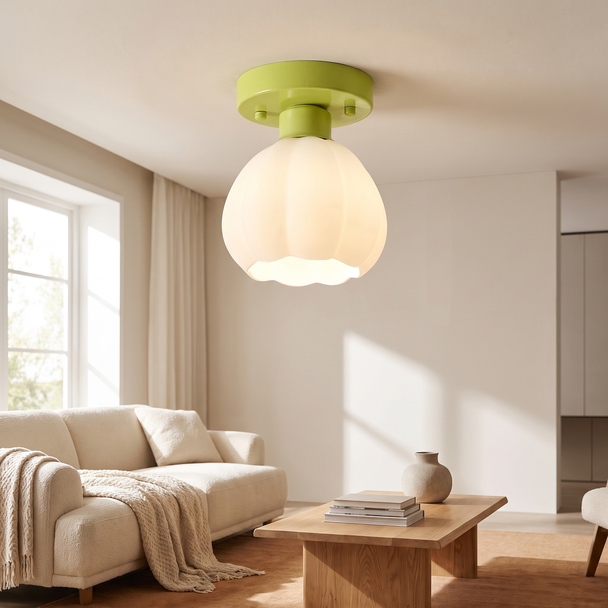 Tulinne Flower Glass Ceiling Light: small semi-flush ceiling light: a round lime-green canopy and short lime-green neck holding 1 white frosted tulip-shaped glass shade, shown in a living room