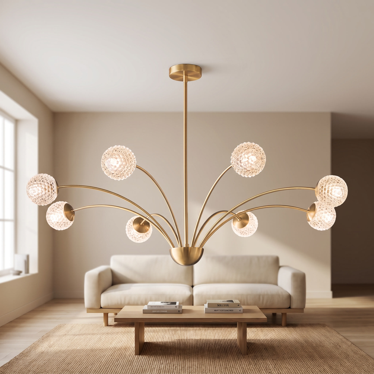Sprigelle Brass Globe Chandelier: brass chandelier with a central brass stem and slender curved brass arms fanning outward, each ending in a round clear textured glass globe, shown in a living room