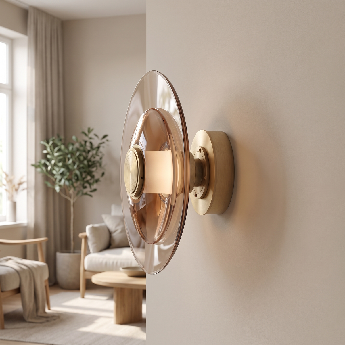 Rondisse Glass Disc Wall Light: disc wall sconce: a large round smoky amber tinted glass disc with a brushed brass cylinder at the centre and a round brass wall mount, seen from a three-quarter angle, shown in a living room