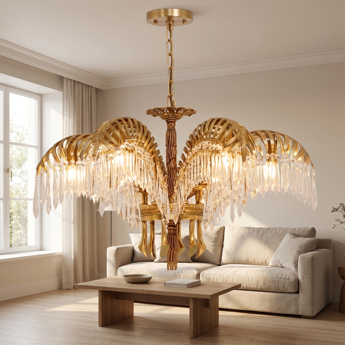 Tropelle Brass Palm Crystal Chandelier: brass palm chandelier: arching brass palm fronds made of individual brass leaves with clear crystal drops hanging beneath, around an ornate brass central column, on a brass chain, shown in a living room