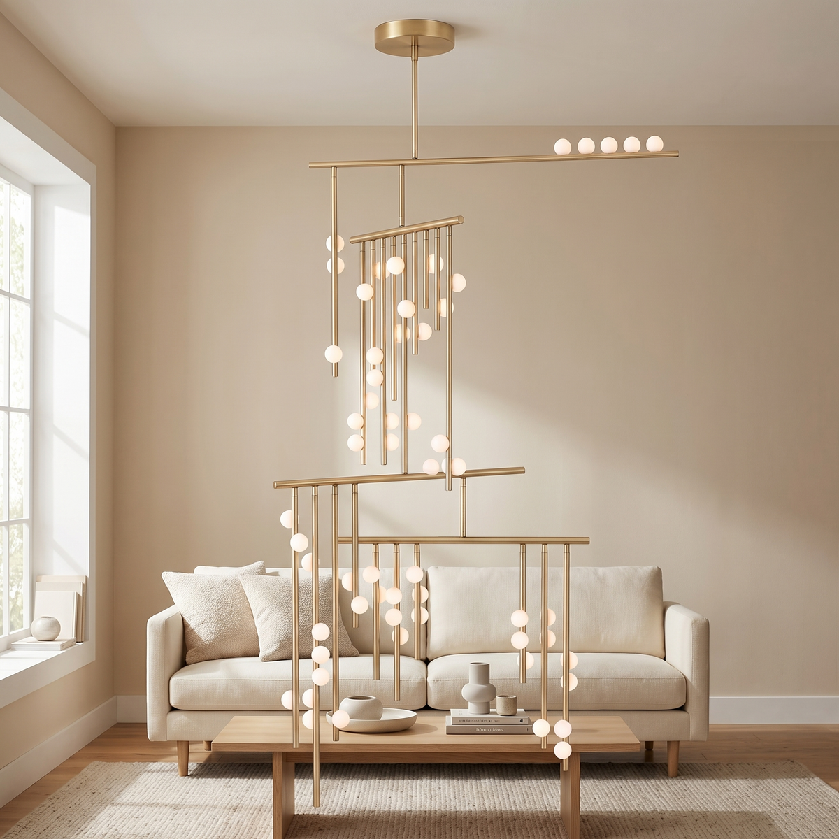 Zanvelle Glass Orb Rod Chandelier: linear brass drop chandelier: horizontal brass bars in stepped tiers with many slender vertical brass rods, each holding small white glass orbs at different heights, shown in a living room
