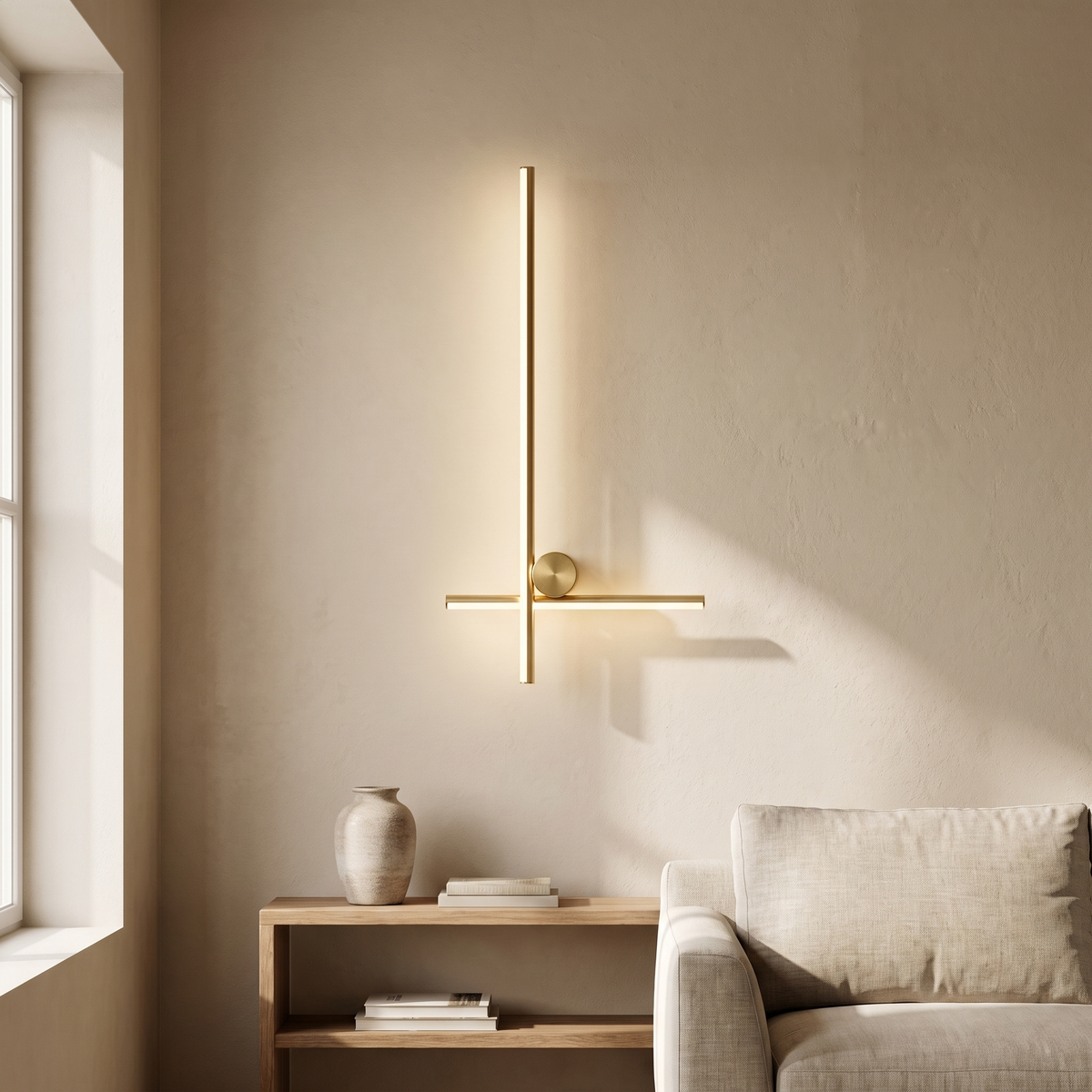 Quadrelle Linear Cross Wall Light: minimalist brushed gold linear wall light: a long vertical gold light bar crossed near the bottom by a short horizontal gold bar, fixed by a small round gold mount, shown in a living room