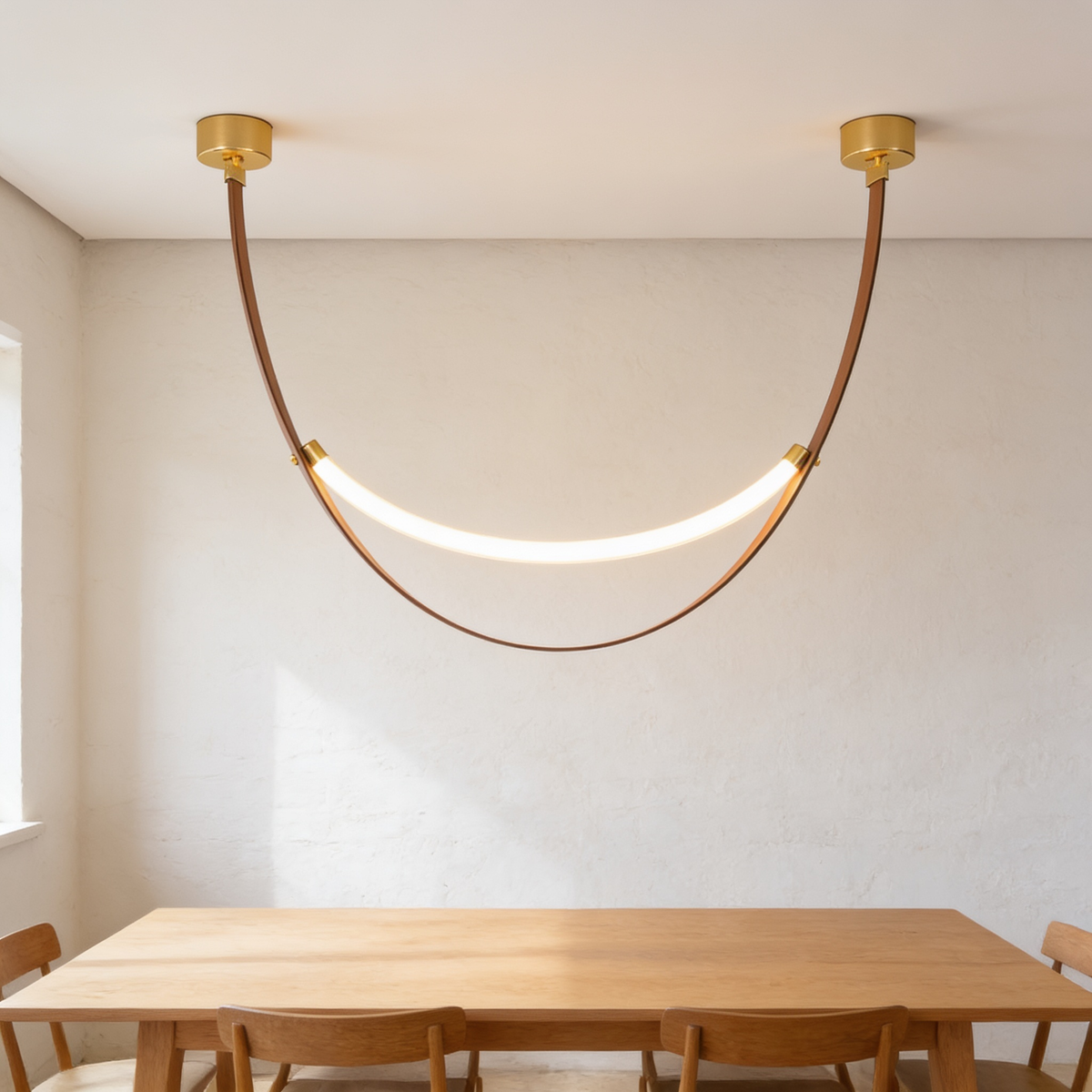 Belvessa Pendant Light, tan leather strap with a curved light tube above a dining table