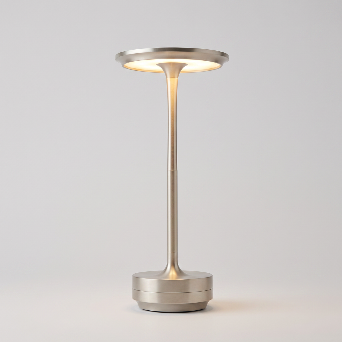USB Dimmable Dish LED Table Lamp in Silver, single lamp on a neutral background.
