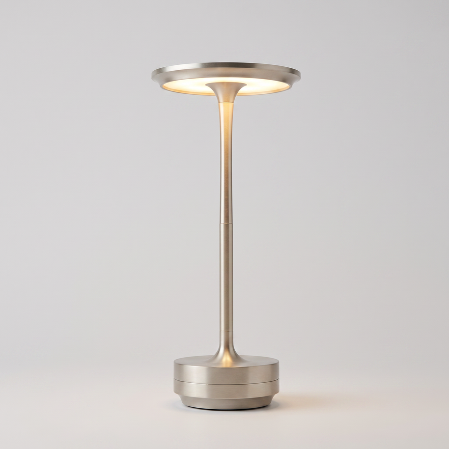 USB Dimmable Dish LED Table Lamp in Silver, single lamp on a neutral background.