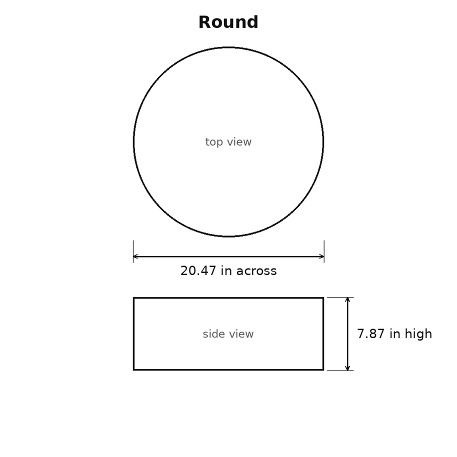 Round size diagram: 20.47 in across and 7.87 in high, shown as a top view and a side view.