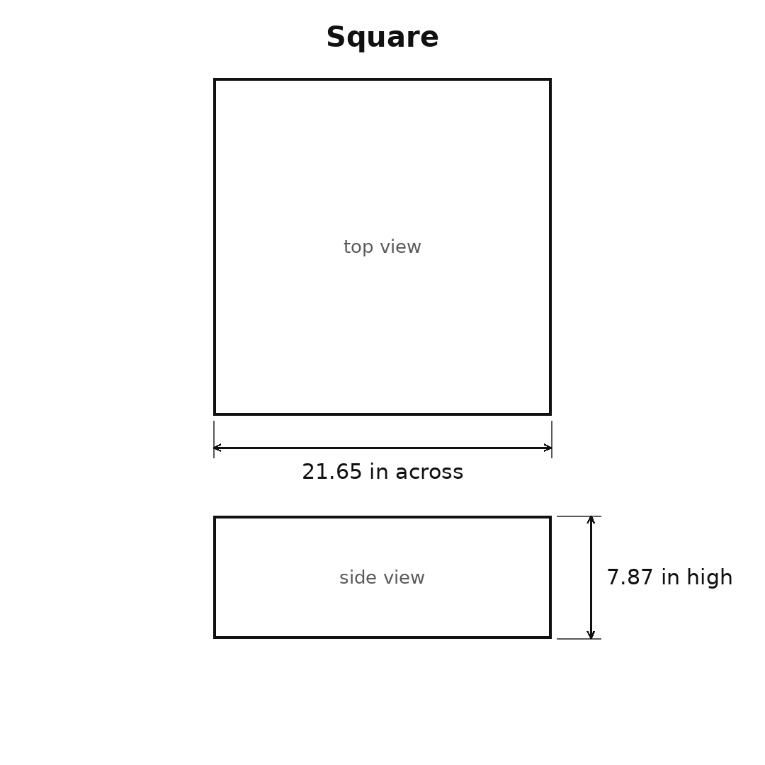 Square size diagram: 21.65 in across and 7.87 in high, shown as a top view and a side view.