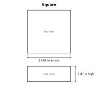 Square size diagram: 21.65 in across and 7.87 in high, shown as a top view and a side view.