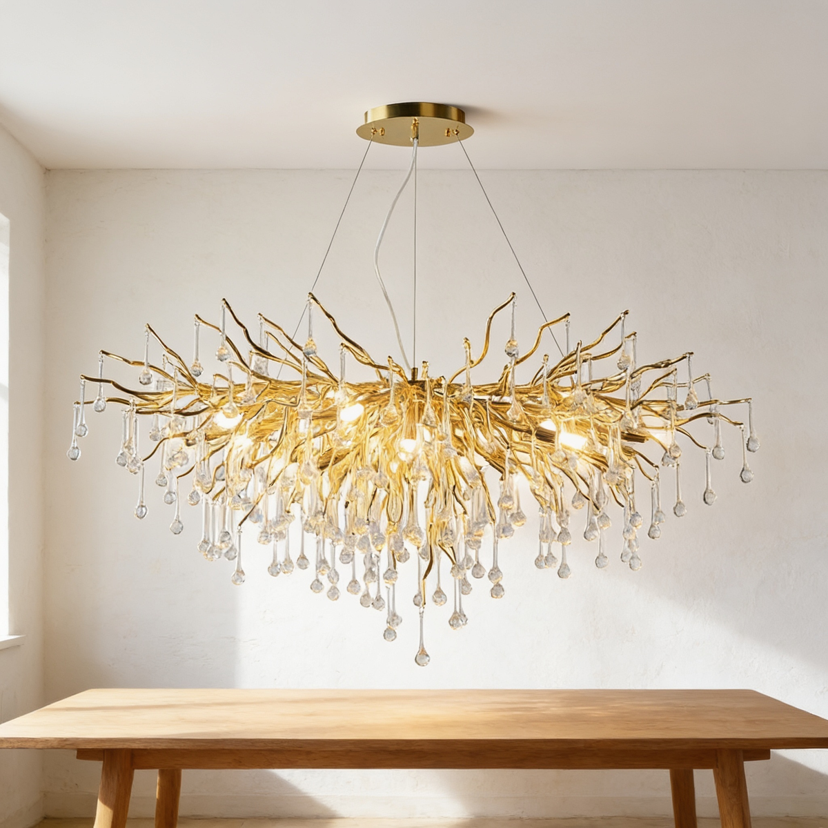 Dravelle Chandelier, gold branches with clear glass teardrops above a dining table
