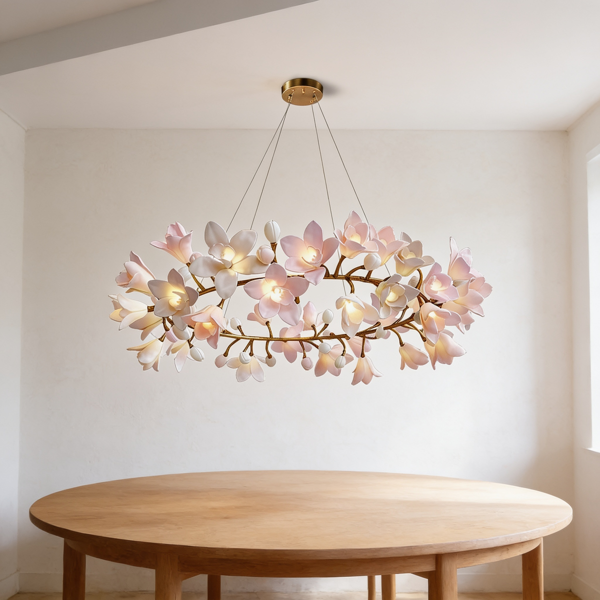 Florevin Chandelier, brass ring of pale pink porcelain magnolias above a round table