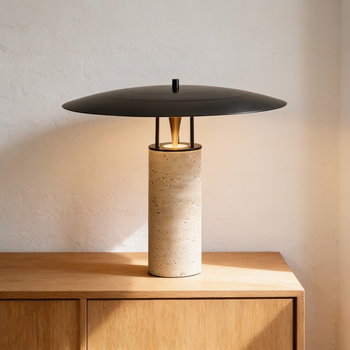 Luneth Table Lamp, travertine base with a wide black dish shade on a sideboard
