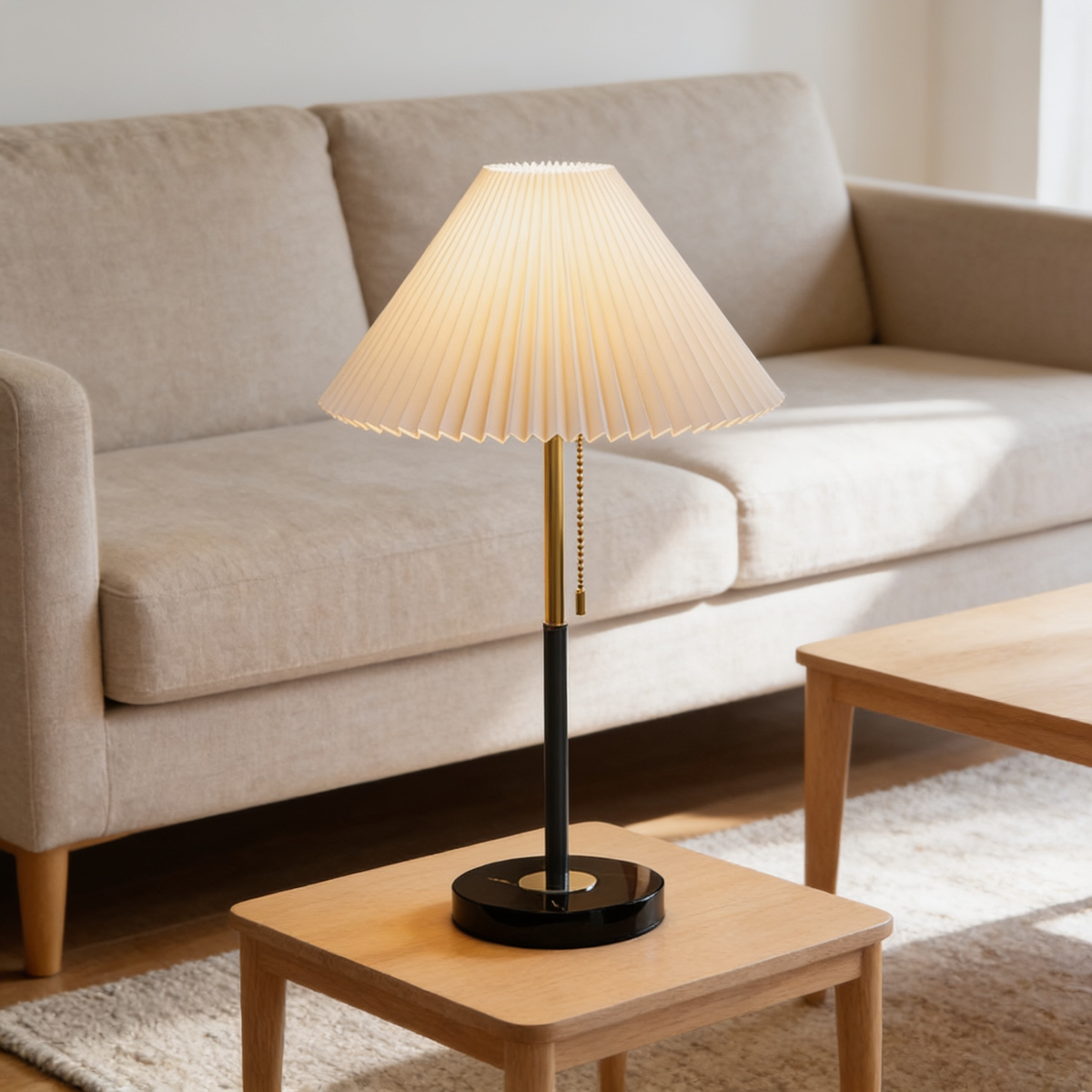 Mathella Table Lamp with cream pleated shade on a side table beside a linen sofa