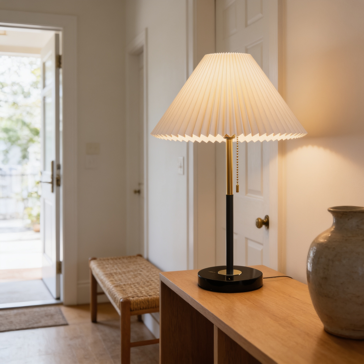 Mathella Table Lamp with cream pleated shade on an entryway console