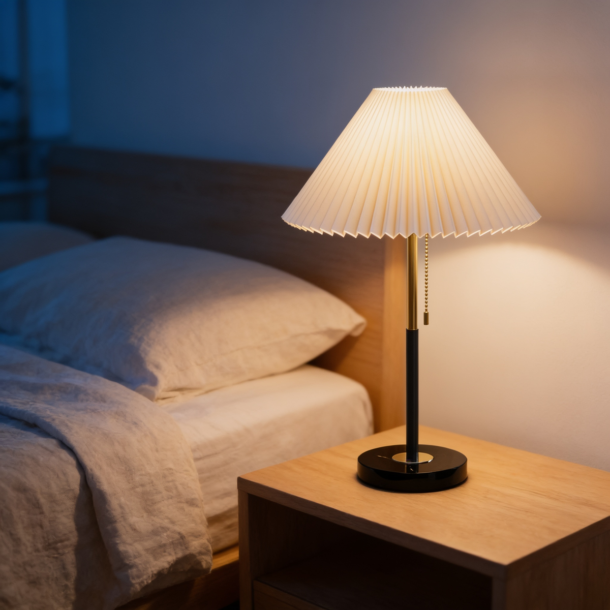 Mathella Table Lamp with cream pleated shade lit on a bedside table