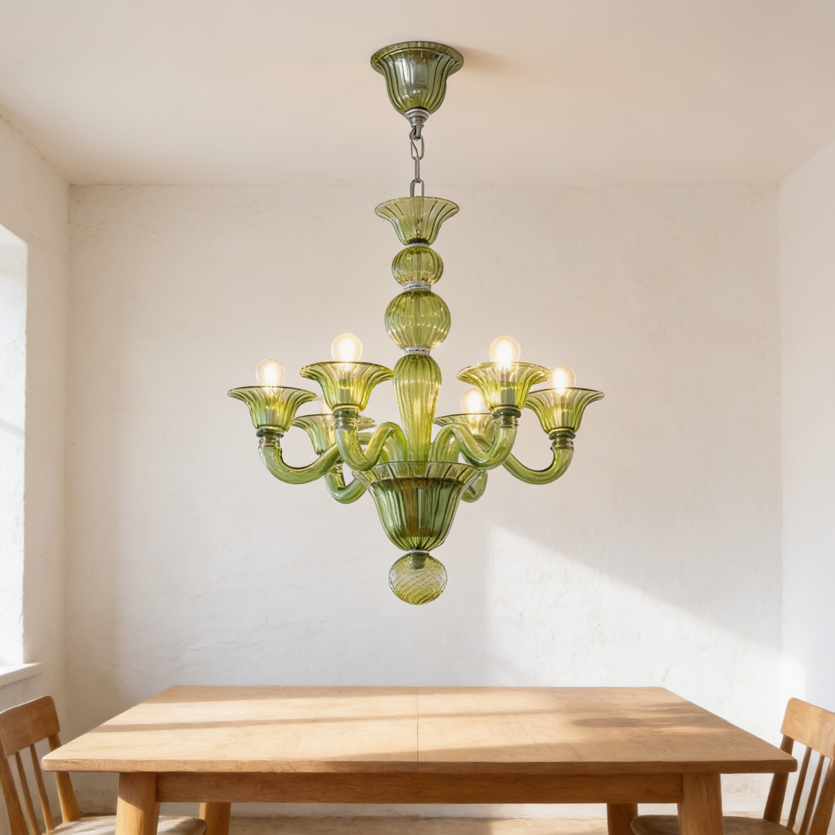 Rafellin Chandelier in green ribbed glass with six arms above a dining table