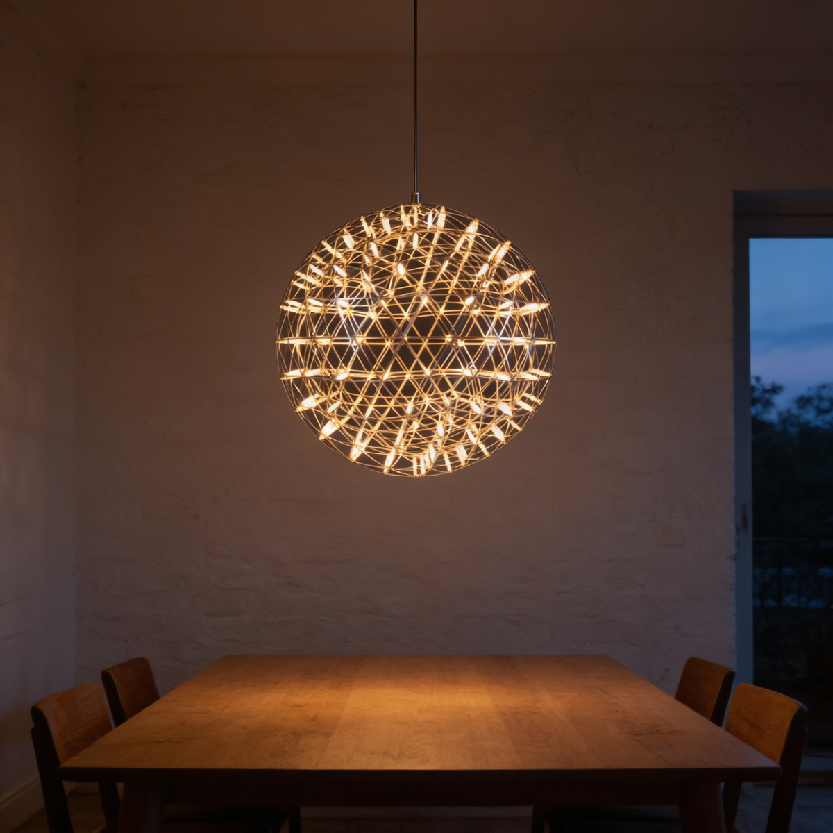 Sparvella Pendant Light, lit steel lattice sphere above a dining table at dusk