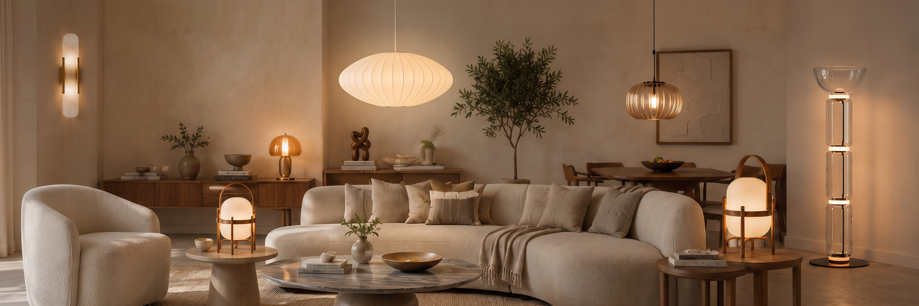 Comvilo all collections banner — exact reference room, bubble pendant centered over the coffee table with warm-white glow