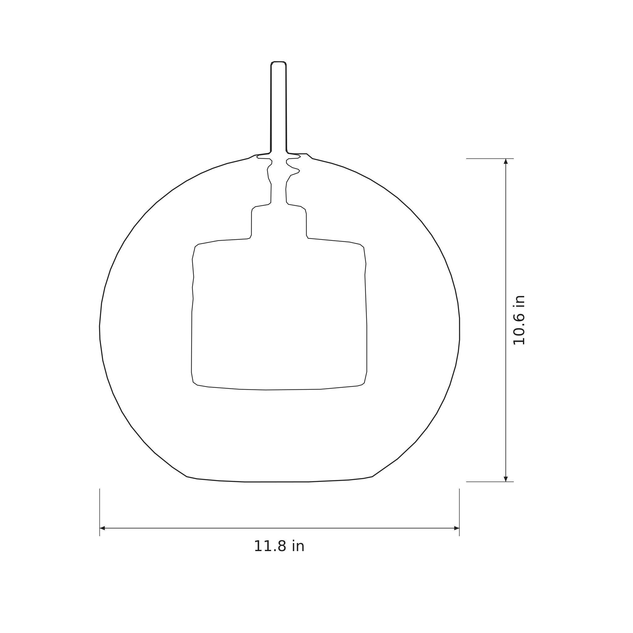 Dimension sketch of the Chiswick glass sphere pendant shade, 11.8 in wide and 10.6 in high