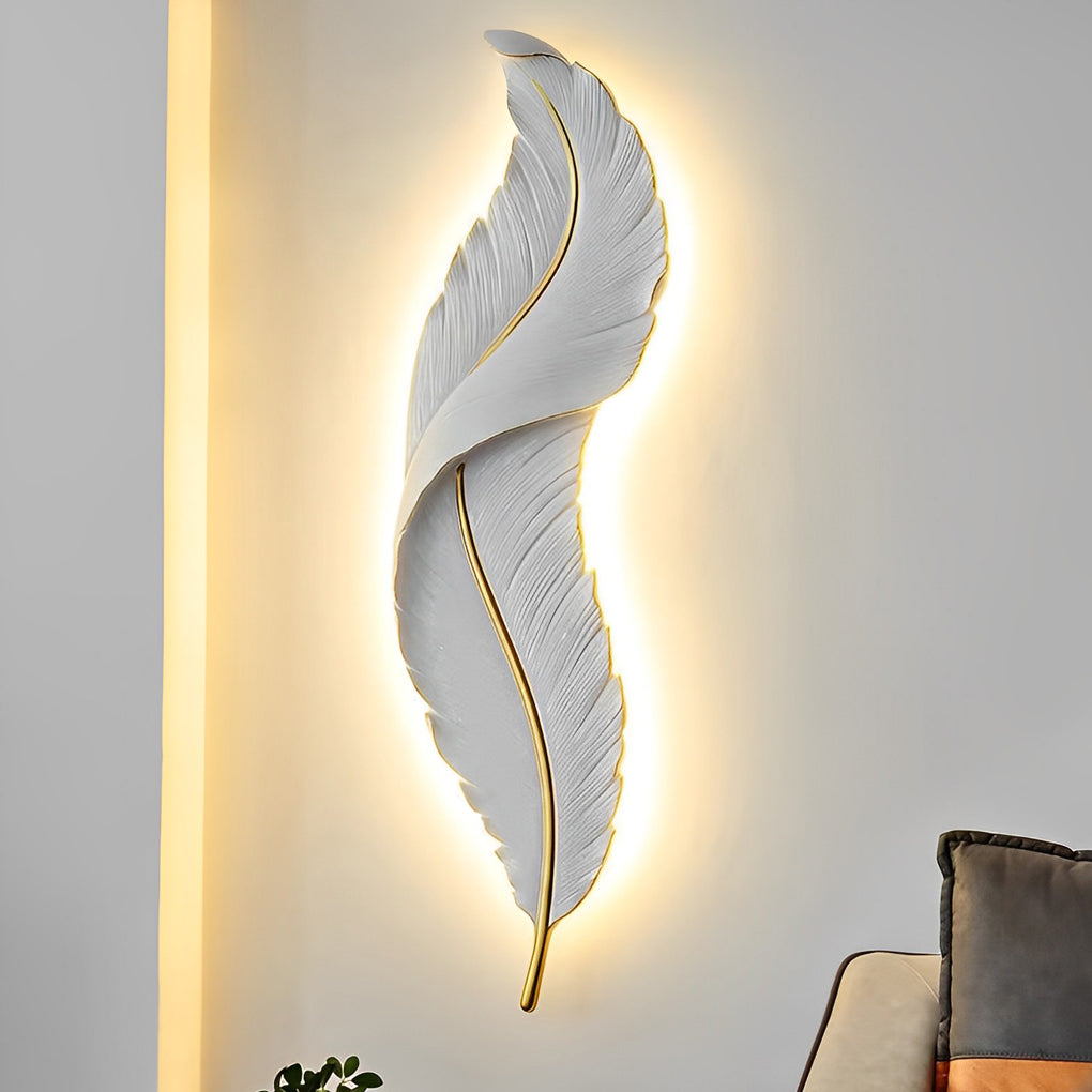 Comvilo Feather Wall Light in white resin, larger size mounted on a minimalist interior wall