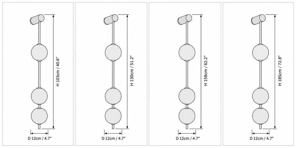 Dimension drawing of the Altair Vertical Ball Wall Lamp with published measurements labelled.