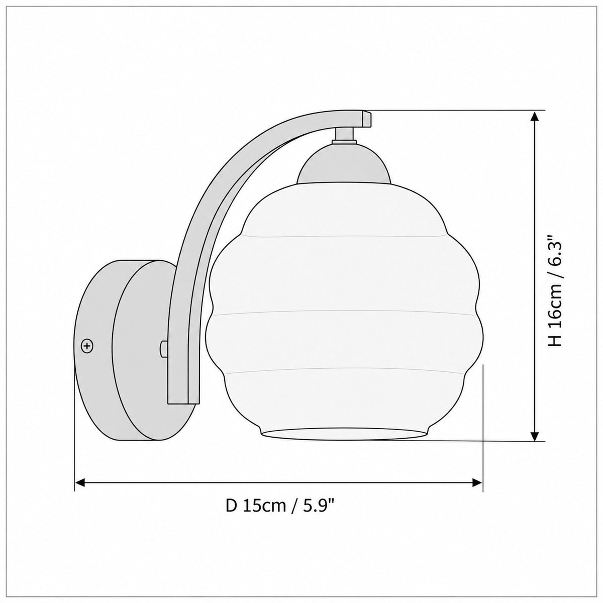 Dimension drawing of the Celina Deco Glass Wall Light with published measurements labelled.