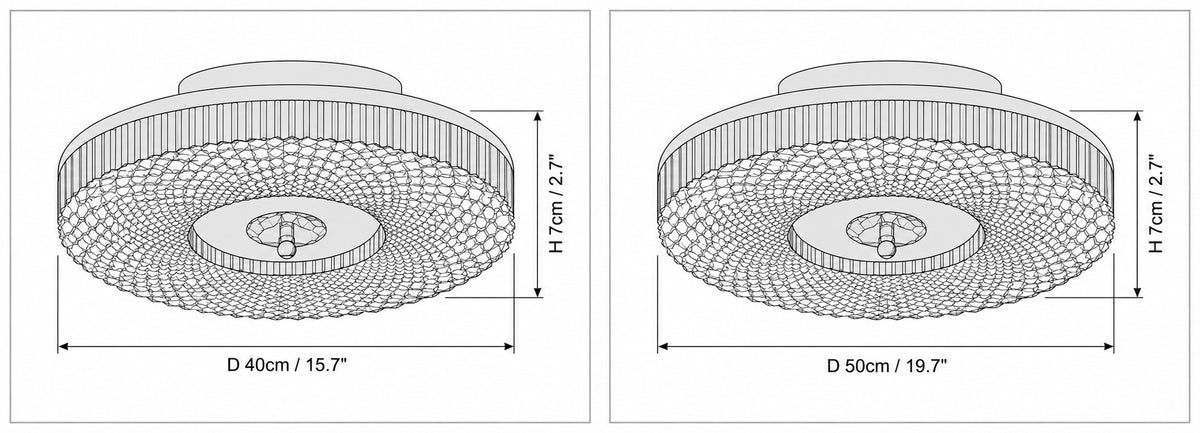 Dimension drawing of the Ayla LED Flush Mount Ceiling Light with published measurements labelled.