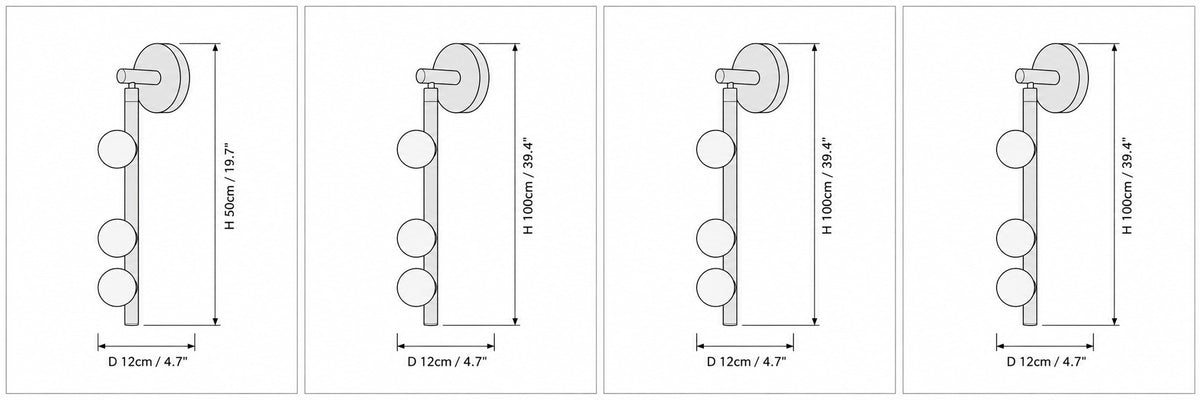Dimension drawing of the Brass Tube Wall Lamp with published measurements labelled.