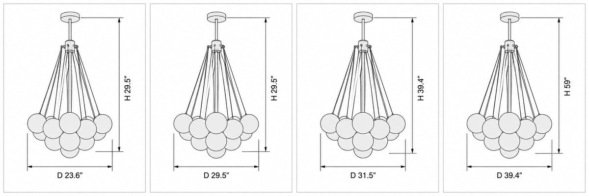 Dimension drawing of the Bubble Glass Chandelier with published measurements labelled.