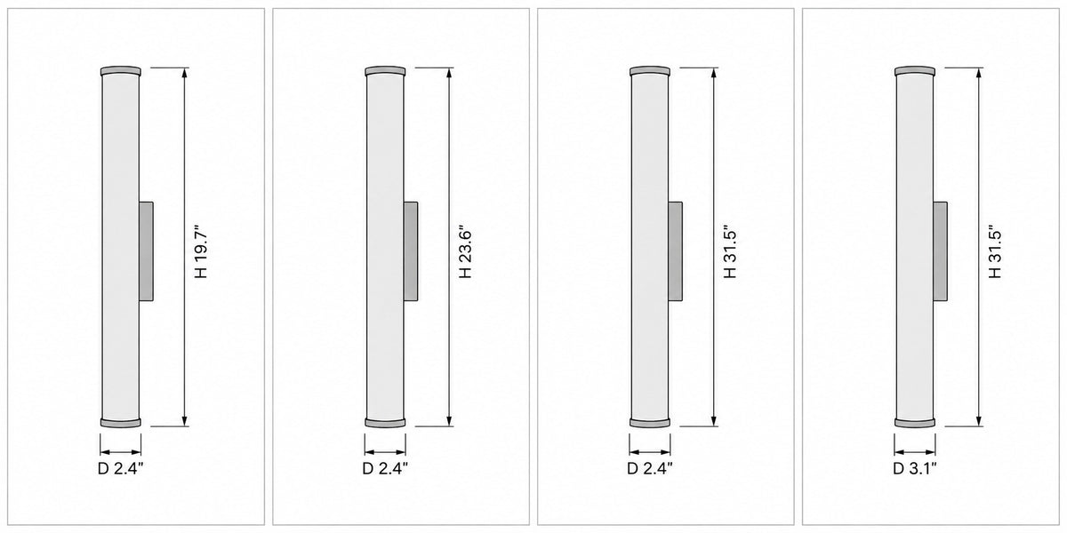 Dimension drawing of the Callisto Wall Lamp with published measurements labelled.