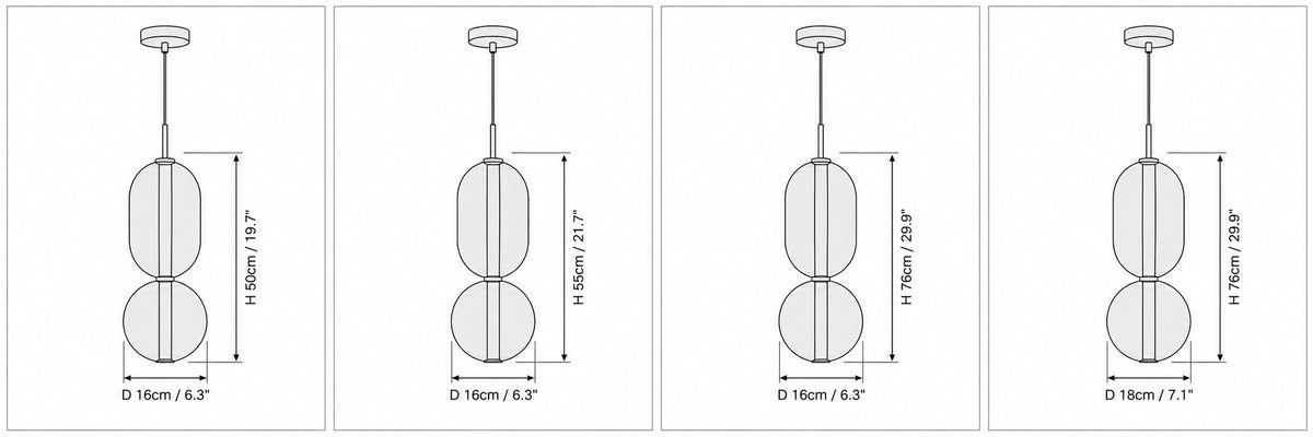 Dimension drawing of the Candied Glass Pendant Light with published measurements labelled.