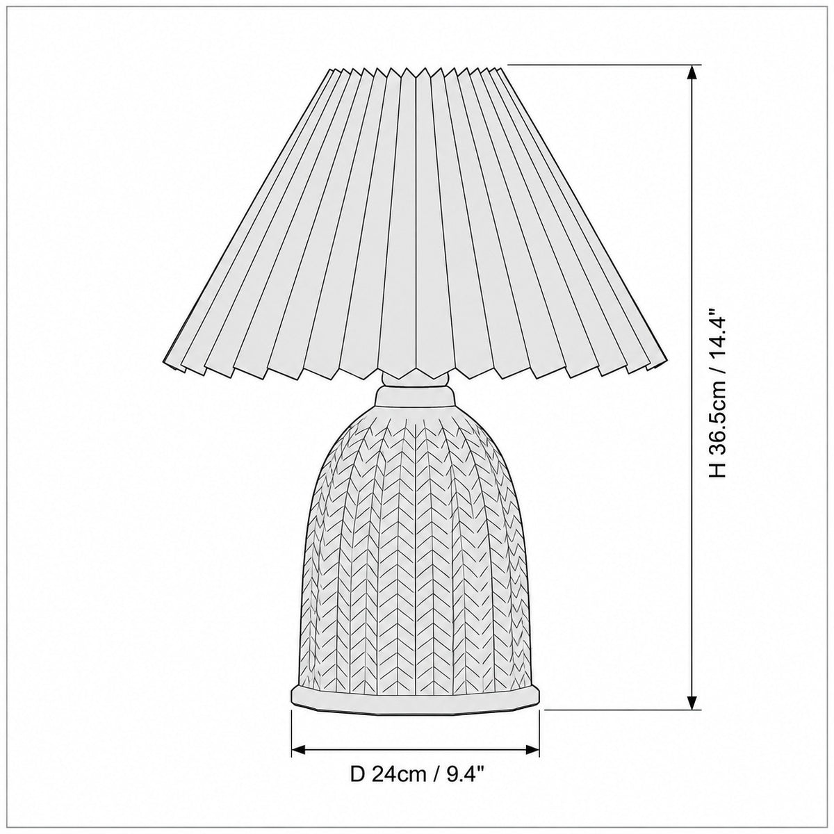 Dimension drawing of the Celine Pleated Shade Table Lamp with published measurements labelled.