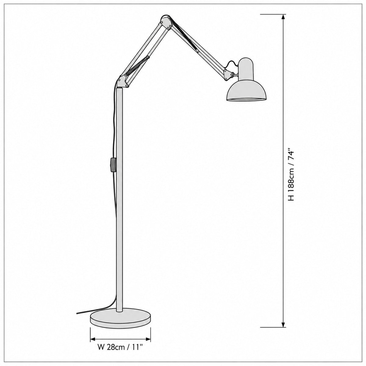 Dimension drawing of the Chromia Memphis Floor Lamp with published measurements labelled.