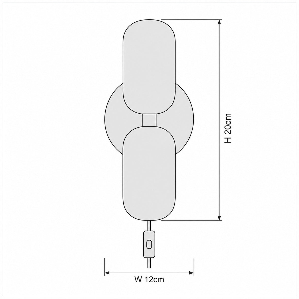 Dimension drawing of the Couleur Double Plug-In Wall Lamp with published measurements labelled.
