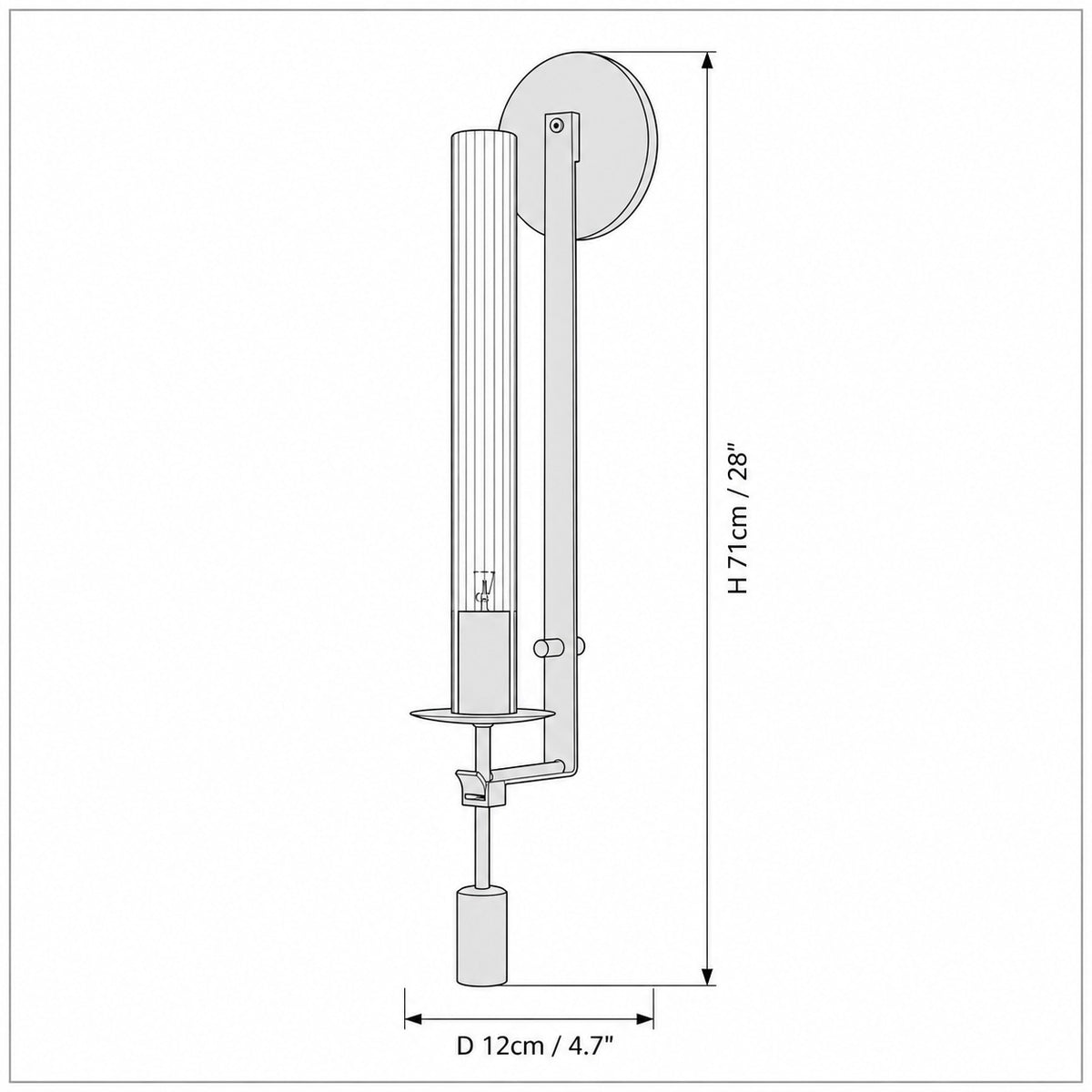 Dimension drawing of the Valenne Ribbed Glass Wall Sconce with published measurements labelled.