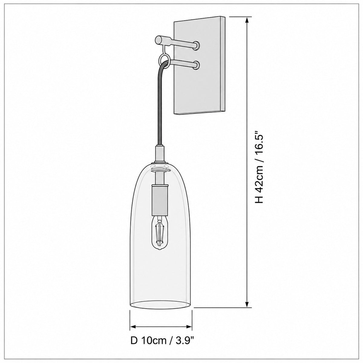 Dimension drawing of the Lure Wall Lamp with published measurements labelled.
