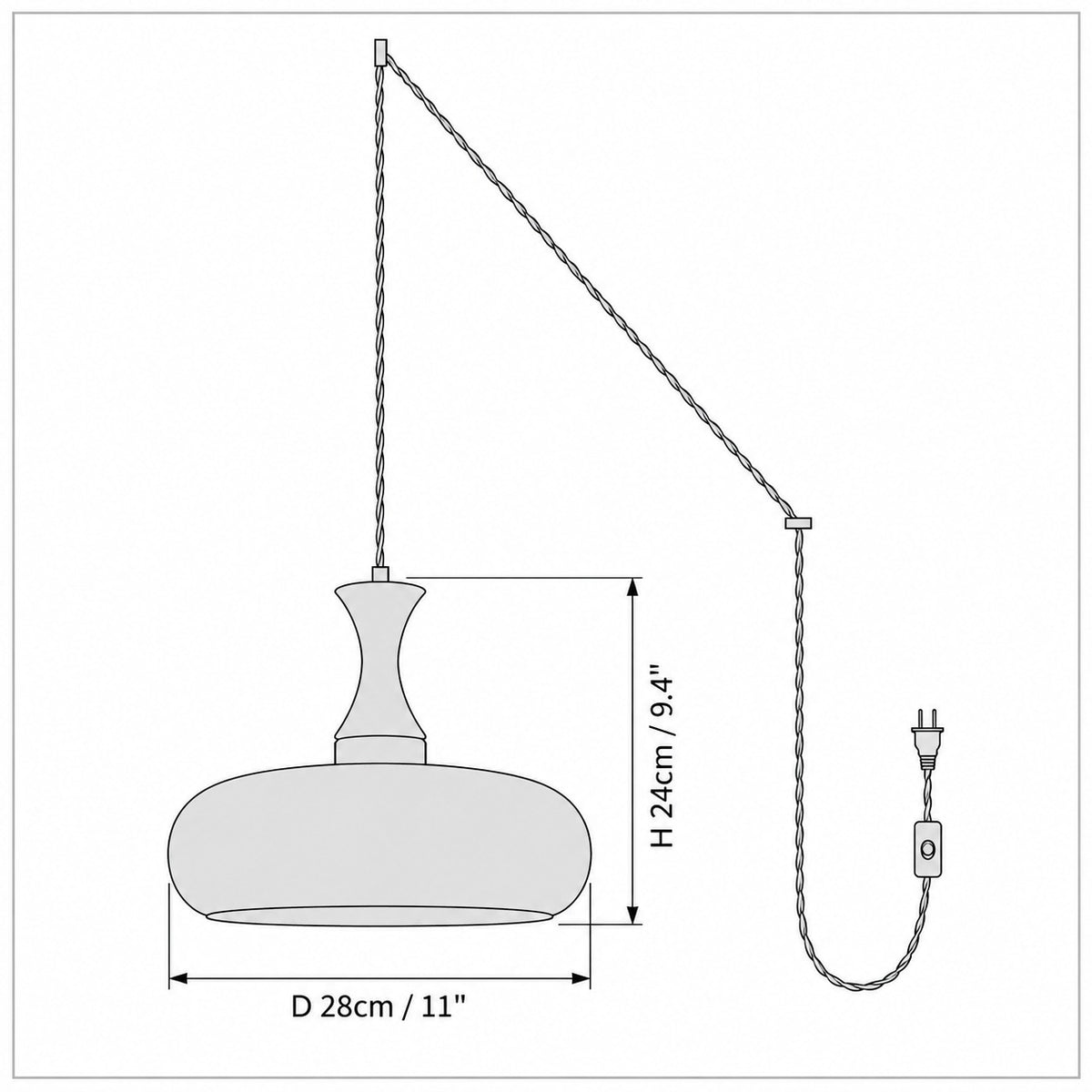 Dimension drawing of the Orlena Antique Brown Glass Plug-In Pendant with published measurements labelled.