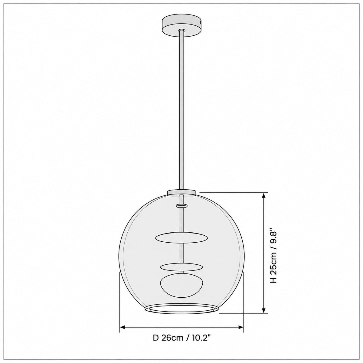 Dimension drawing of the Metro Sphere Glass Pendant Lamp with published measurements labelled.