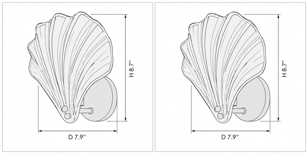 Dimension drawing of the Coquille Brass Shell Wall Light with published measurements labelled.