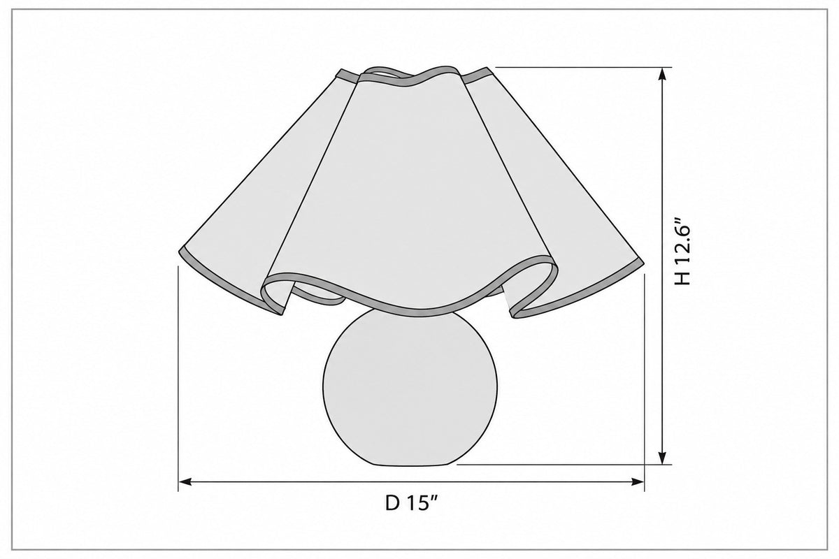 Dimension drawing of the Duneva Wave Draped Linen and Wood Table Lamp with published measurements labelled.
