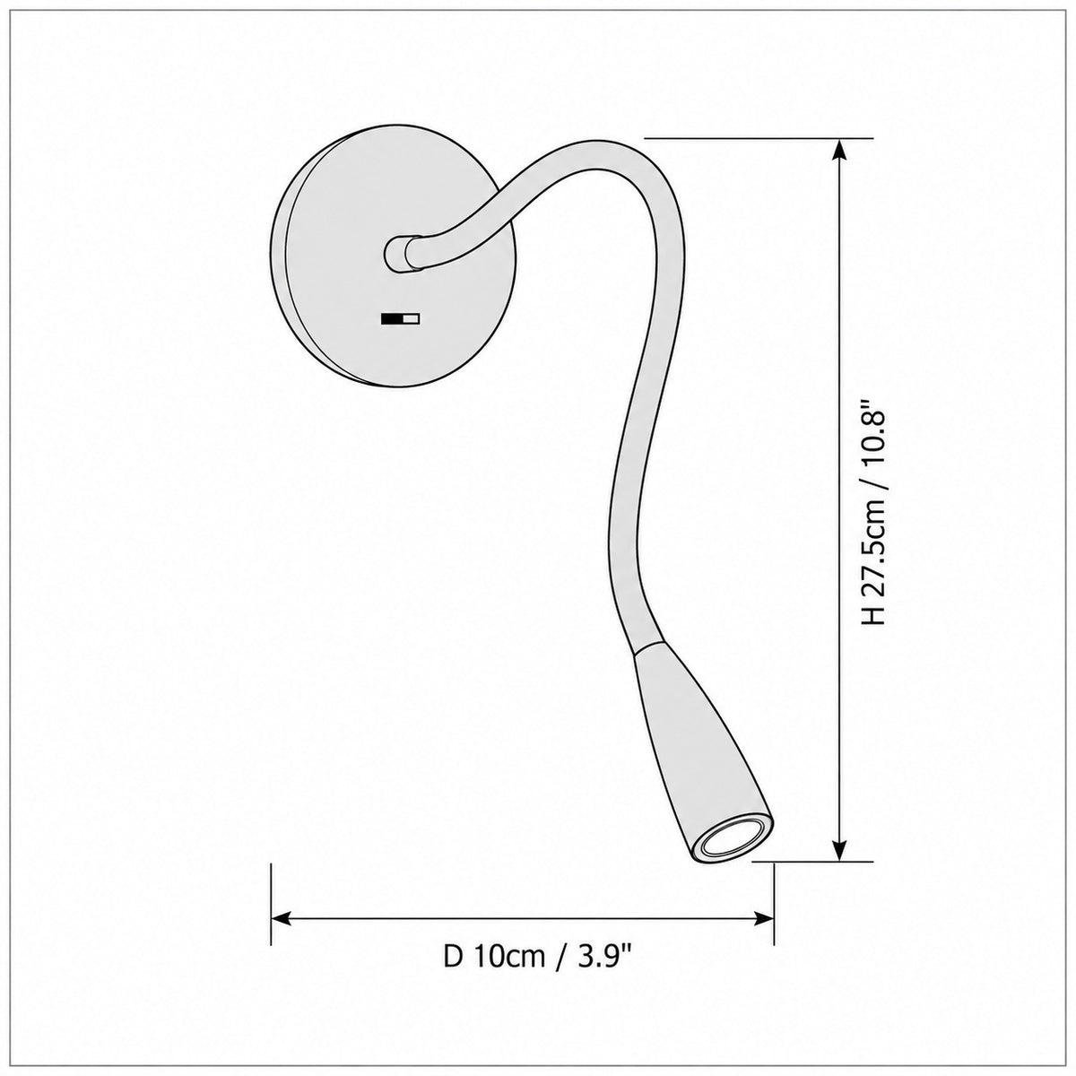 Dimension drawing of the Flexi Hose Wall Light with published measurements labelled.