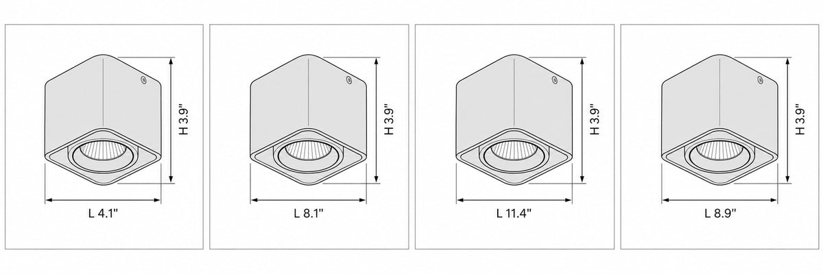 Dimension drawing of the Giyan Adjustable Spotlight with published measurements labelled.