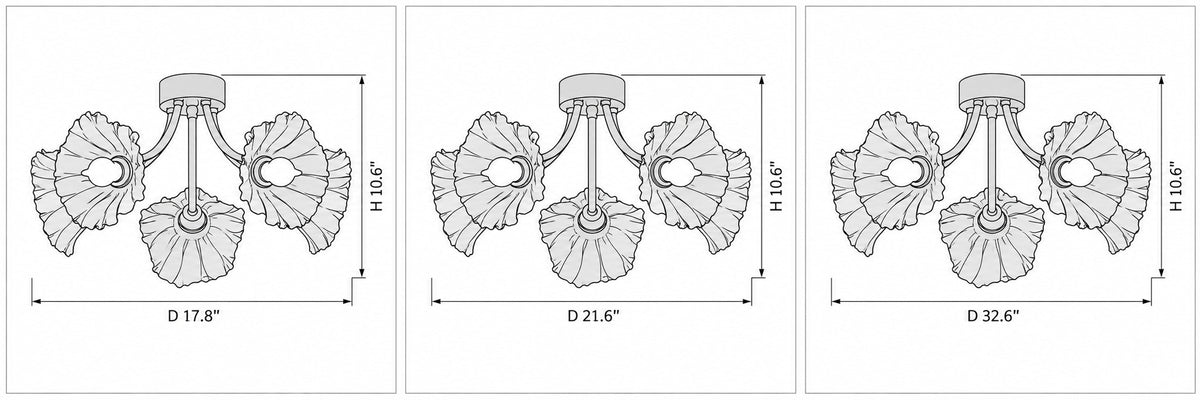 Dimension drawing of the Kalin Flower Ceiling Lamp with published measurements labelled.