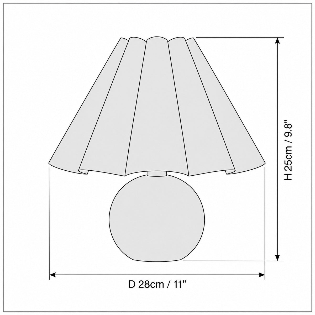 Dimension drawing of the Kicsi Knife Pleat Table Lamp with published measurements labelled.